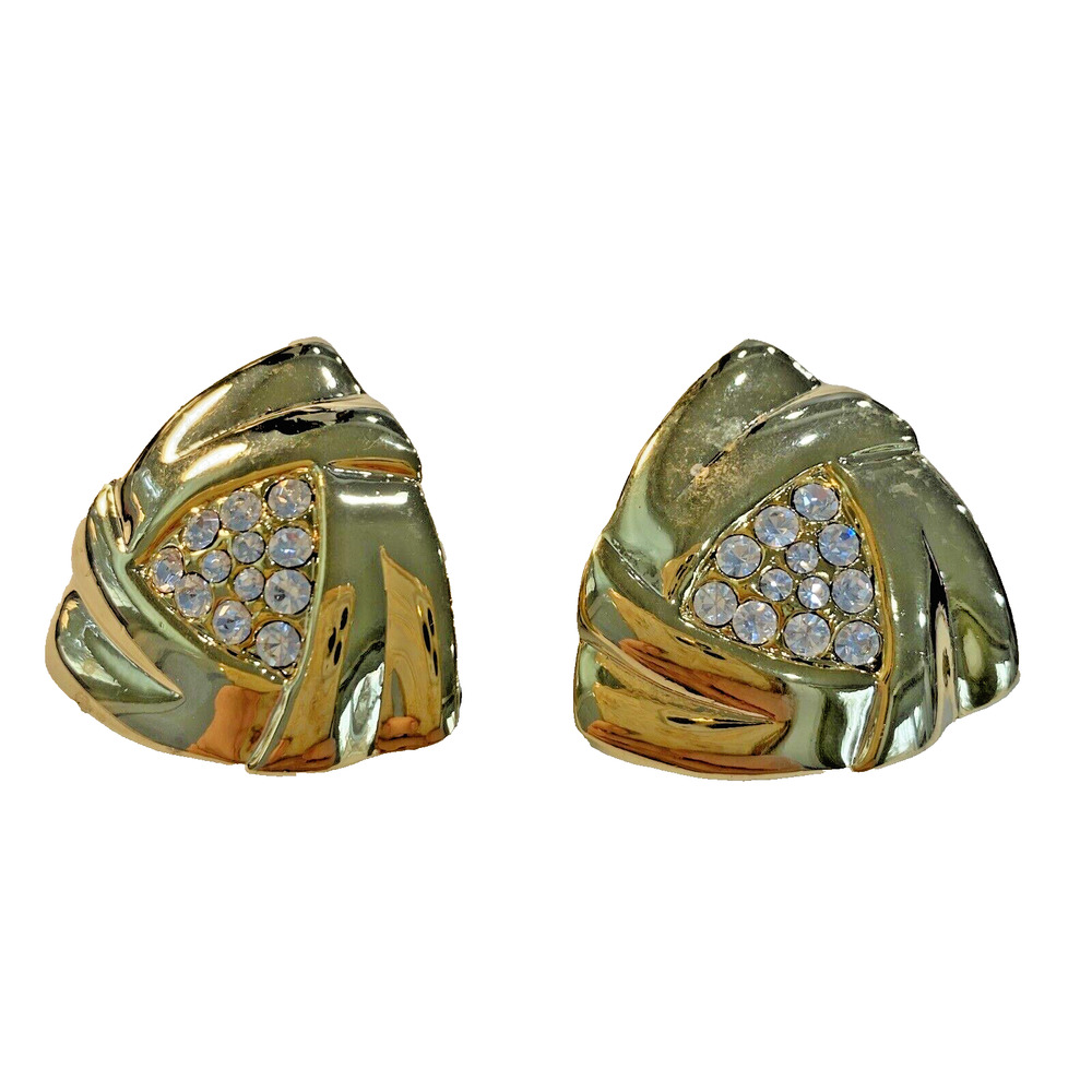 Clip On Earrings Chunky 1980’s Classic Gold & White Rhinestones Boss Lady Chic